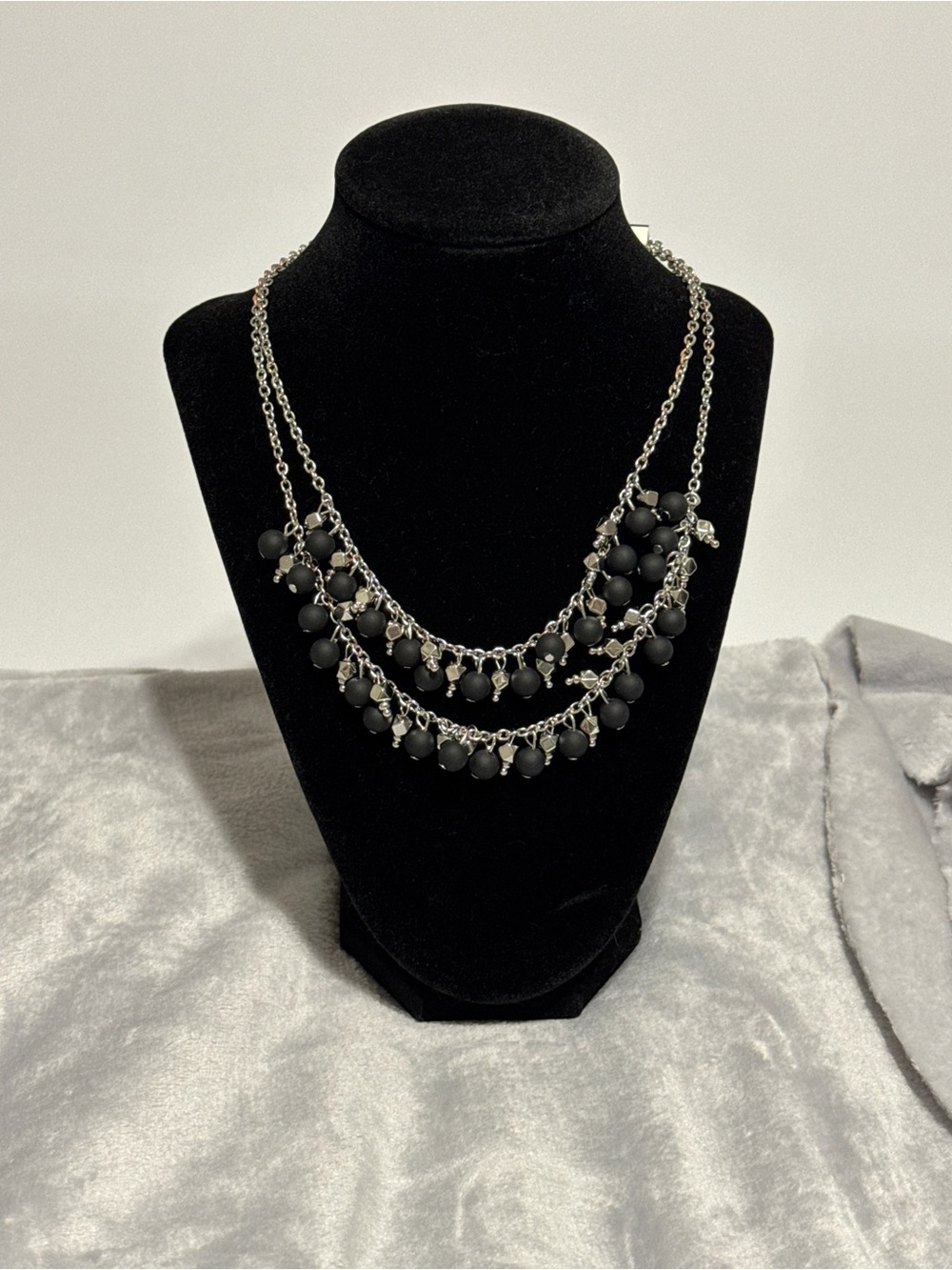 Matte Black Bead Layered Necklace with Silver Chains